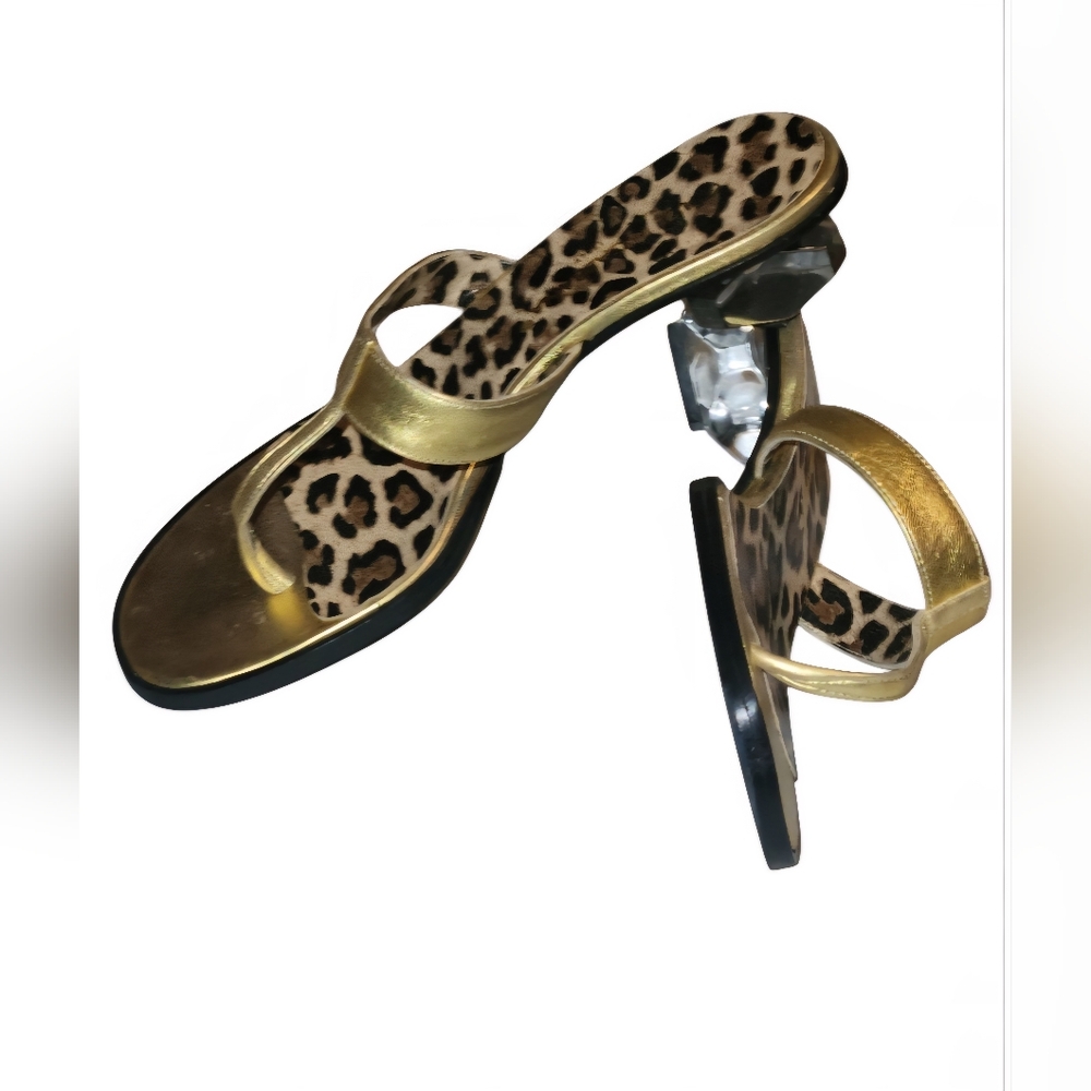 EUC Dolce Gabbana Leather Gold/ Leopard Crystal Heeled Slides Sandals